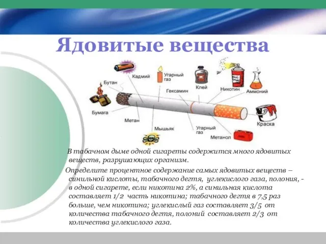 Ядовитые вещества В табачном дыме одной сигареты содержится много ядовитых веществ, разрушающих