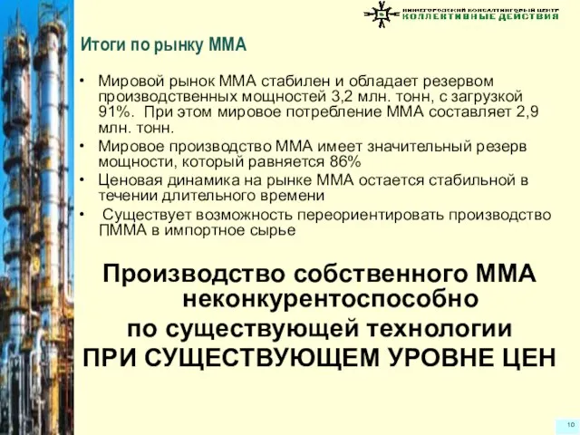 Итоги по рынку ММА Мировой рынок ММА стабилен и обладает резервом производственных