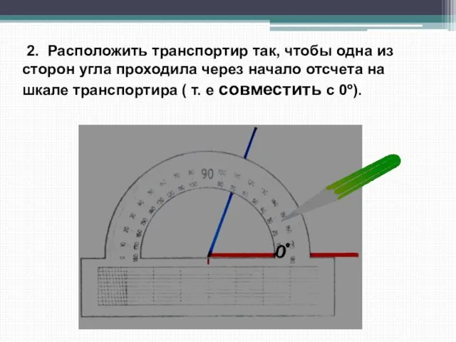 2. Расположить транспортир так, чтобы одна из сторон угла проходила через начало