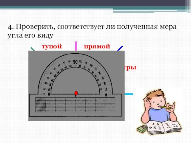 острый прямой тупой 4. Проверить, соответствует ли полученная мера угла его виду