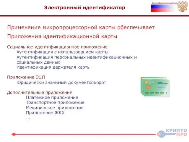 Применение микропроцессорной карты обеспечивает Идентификацию держателя карты Юридически значимую аутентификацию Подтверждение целостности