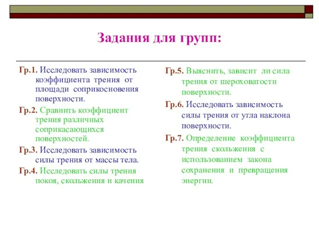 Задания для групп: Гр.1. Исследовать зависимость коэффициента трения от площади соприкосновения поверхности.