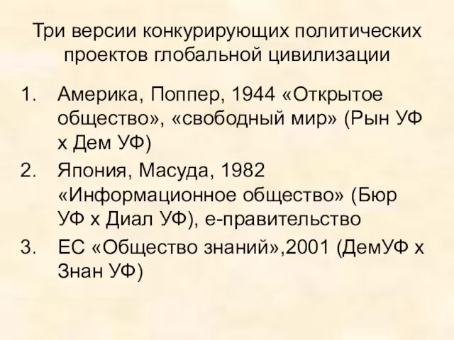 Три версии конкурирующих политических проектов глобальной цивилизации Америка, Поппер, 1944 «Открытое общество»,