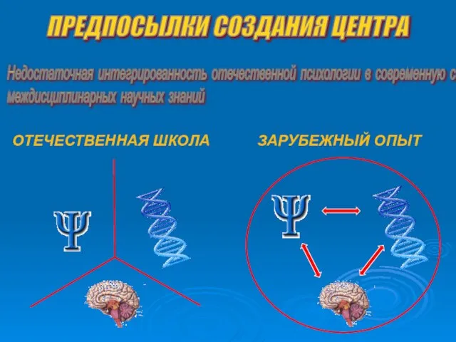 ПРЕДПОСЫЛКИ СОЗДАНИЯ ЦЕНТРА Недостаточная интегрированность отечественной психологии в современную систему междисциплинарных научных