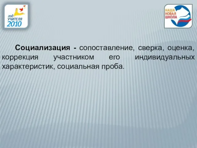 Социализация - сопоставление, сверка, оценка, коррекция участником его индивидуальных характеристик, социальная проба.