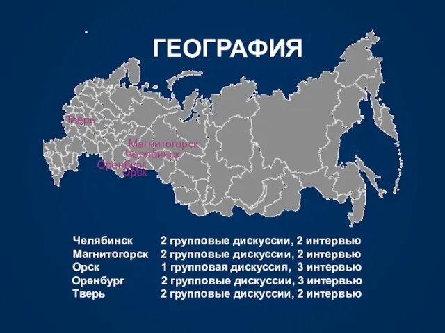 ГЕОГРАФИЯ Челябинск Оренбург Орск Магнитогорск Тверь Челябинск 2 групповые дискуссии, 2 интервью