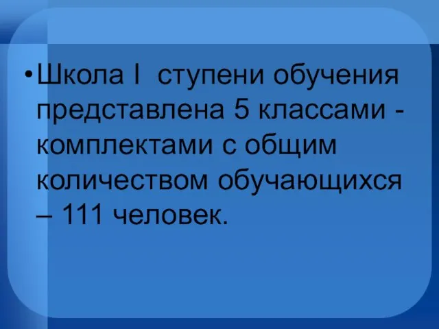 Школа I ступени обучения представлена 5 классами - комплектами с общим количеством обучающихся – 111 человек.