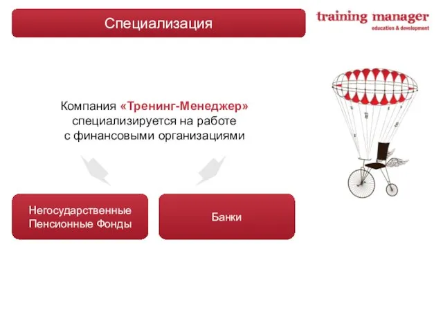 Специализация Компания «Тренинг-Менеджер» специализируется на работе с финансовыми организациями Негосударственные Пенсионные Фонды Банки