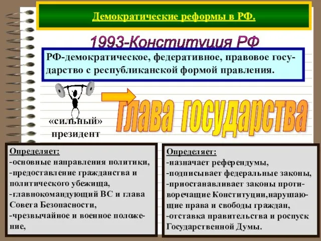 Демократические реформы в РФ. 1993-Конституция РФ РФ-демократическое, федеративное, правовое госу- дарство с