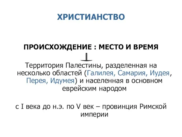 ХРИСТИАНСТВО ПРОИСХОЖДЕНИЕ : МЕСТО И ВРЕМЯ Территория Палестины, разделенная на несколько областей