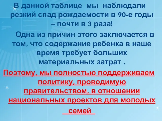 В данной таблице мы наблюдали резкий спад рождаемости в 90-е годы –