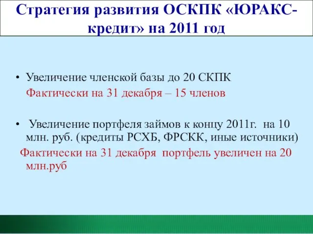 Стратегия развития ОСКПК «ЮРАКС-кредит» на 2011 год Увеличение членской базы до 20