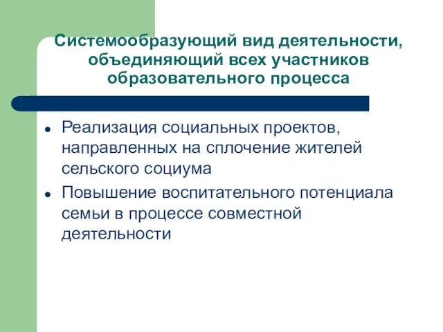 Системообразующий вид деятельности, объединяющий всех участников образовательного процесса Реализация социальных проектов, направленных