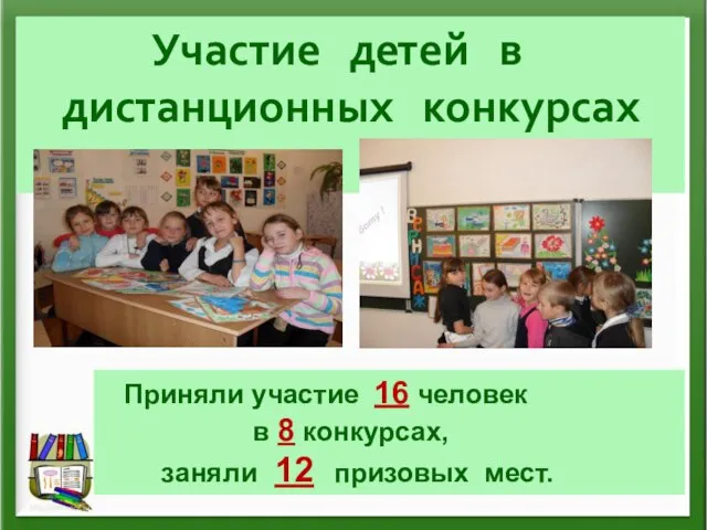 Участие детей в дистанционных конкурсах Приняли участие 16 человек в 8 конкурсах, заняли 12 призовых мест.