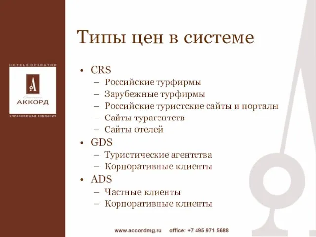 Типы цен в системе CRS Российские турфирмы Зарубежные турфирмы Российские туристские сайты