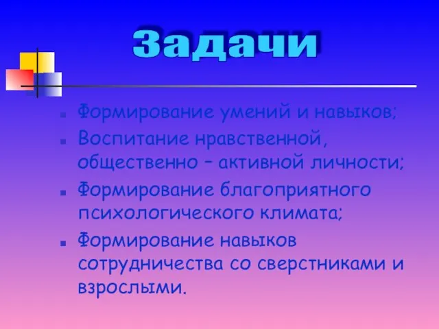 Формирование умений и навыков; Воспитание нравственной, общественно – активной личности; Формирование благоприятного