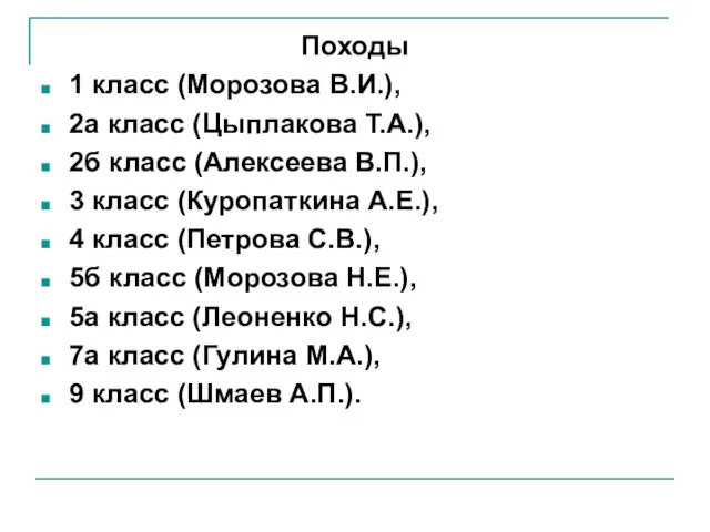 Походы 1 класс (Морозова В.И.), 2а класс (Цыплакова Т.А.), 2б класс (Алексеева