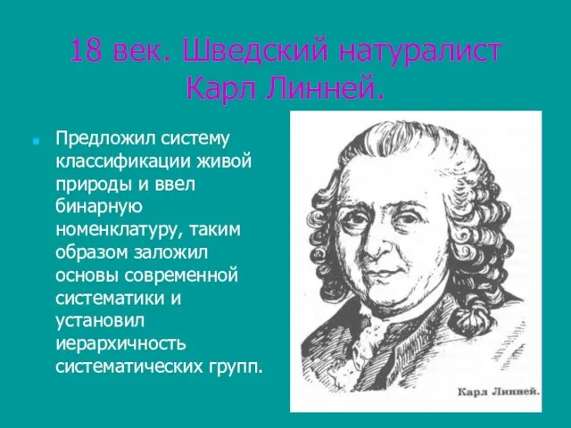 18 век. Шведский натуралист Карл Линней. Предложил систему классификации живой природы и