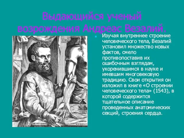 Выдающийся ученый возрождения Андреас Везалий. Изучая внутреннее строение человеческого тела, Везалий установил