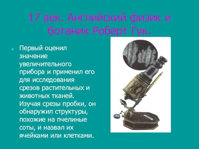 17 век. Английский физик и ботаник Роберт Гук. Первый оценил значение увеличительного