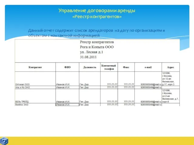 Управление договорами аренды «Реестр контрагентов» Данный отчет содержит список арендаторов на дату