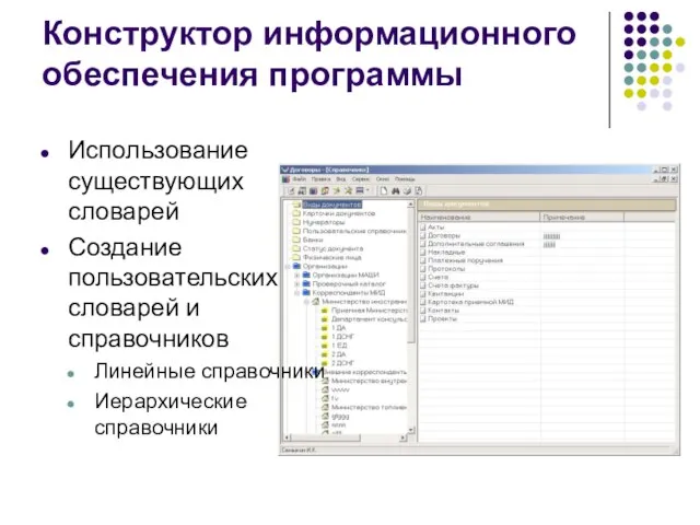 Конструктор информационного обеспечения программы Использование существующих словарей Создание пользовательских словарей и справочников Линейные справочники Иерархические справочники