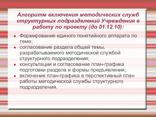 Алгоритм включения методических служб структурных подразделений Учреждения в работу по проекту (до