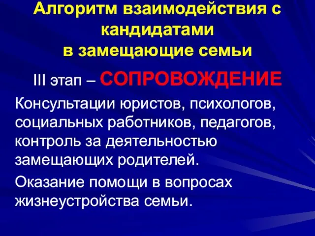 Алгоритм взаимодействия с кандидатами в замещающие семьи III этап – СОПРОВОЖДЕНИЕ Консультации