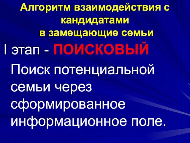 Алгоритм взаимодействия с кандидатами в замещающие семьи I этап - ПОИСКОВЫЙ Поиск