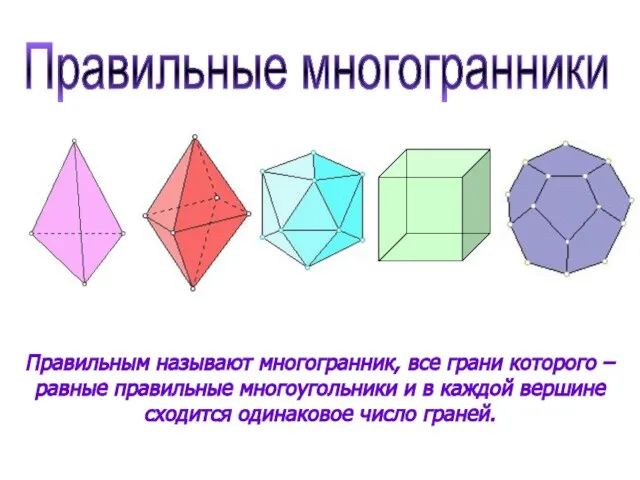 Правильные многогранники Правильным называют многогранник, все грани которого – равные правильные многоугольники