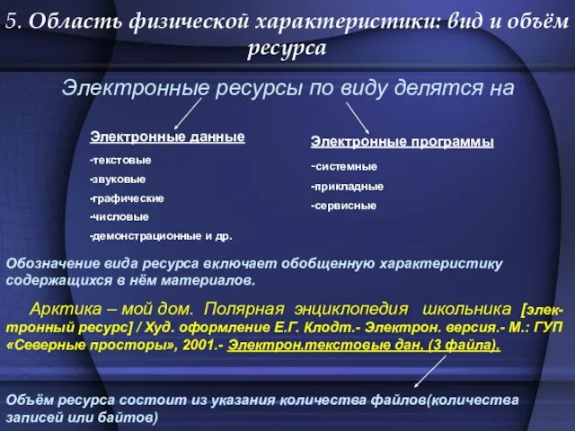 5. Область физической характеристики: вид и объём ресурса Электронные ресурсы по виду