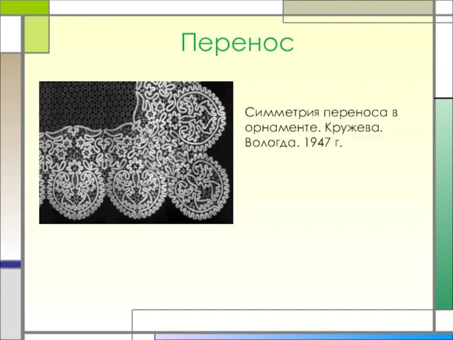 Перенос Симметрия переноса в орнаменте. Кружева. Вологда. 1947 г.