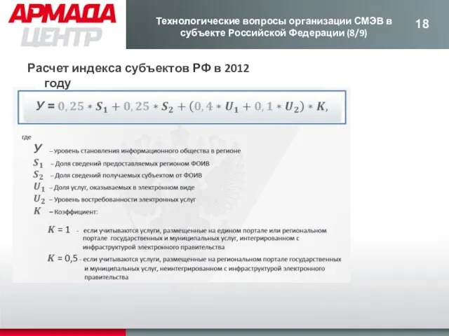 Расчет индекса субъектов РФ в 2012 году Технологические вопросы организации СМЭВ в субъекте Российской Федерации (8/9)