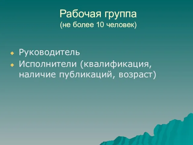 Рабочая группа (не более 10 человек) Руководитель Исполнители (квалификация, наличие публикаций, возраст)