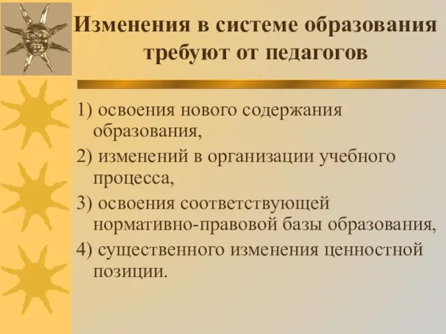 Изменения в системе образования требуют от педагогов 1) освоения нового содержания образования,