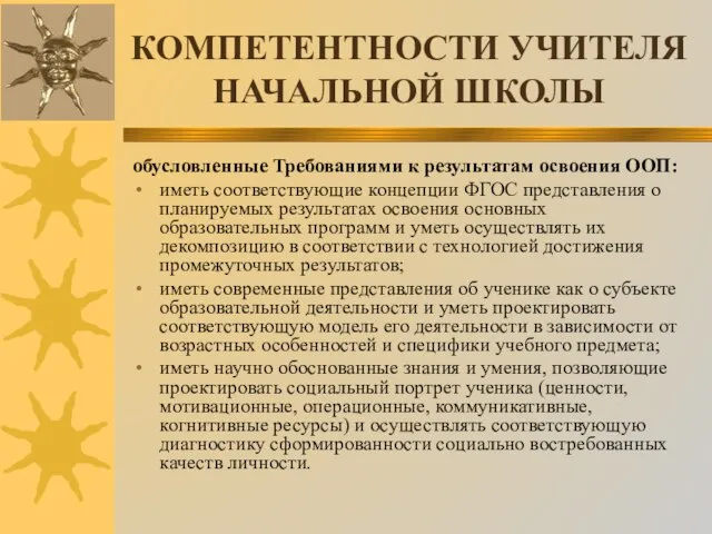 КОМПЕТЕНТНОСТИ УЧИТЕЛЯ НАЧАЛЬНОЙ ШКОЛЫ обусловленные Требованиями к результатам освоения ООП: иметь соответствующие