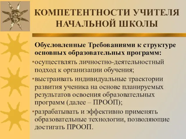 КОМПЕТЕНТНОСТИ УЧИТЕЛЯ НАЧАЛЬНОЙ ШКОЛЫ Обусловленные Требованиями к структуре основных образовательных программ: осуществлять