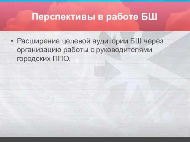 Перспективы в работе БШ Расширение целевой аудитории БШ через организацию работы с руководителями городских ППО.