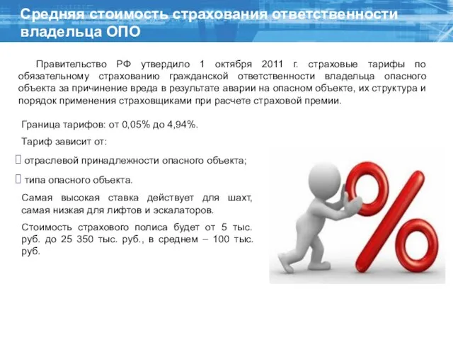 Средняя стоимость страхования ответственности владельца ОПО Граница тарифов: от 0,05% до 4,94%.