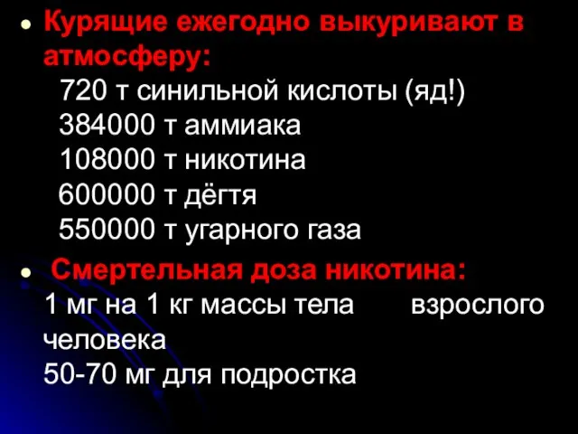 Курящие ежегодно выкуривают в атмосферу: 720 т синильной кислоты (яд!) 384000 т