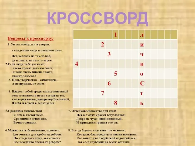 КРОССВОРД Вопросы к кроссворду: 1.Ум легкомыслен и упорен. в сужденьях скор и