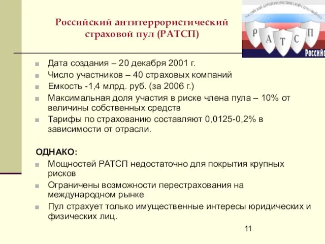 Российский антитеррористический страховой пул (РАТСП) Дата создания – 20 декабря 2001 г.