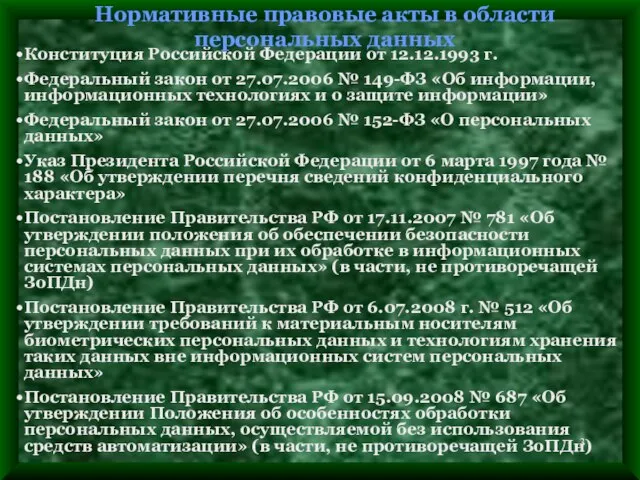 Нормативные правовые акты в области персональных данных Конституция Российской Федерации от 12.12.1993