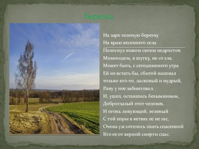 На заре зеленую березку На краю весеннего села Полоснул ножом своим подросток