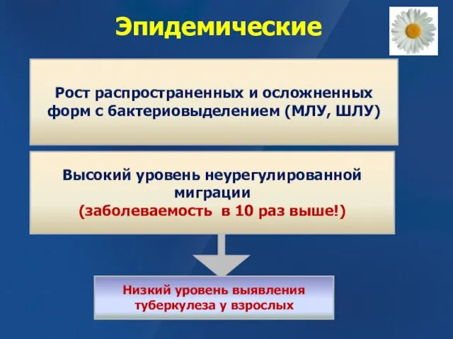 Эпидемические Высокий уровень неурегулированной миграции (заболеваемость в 10 раз выше!) Низкий уровень