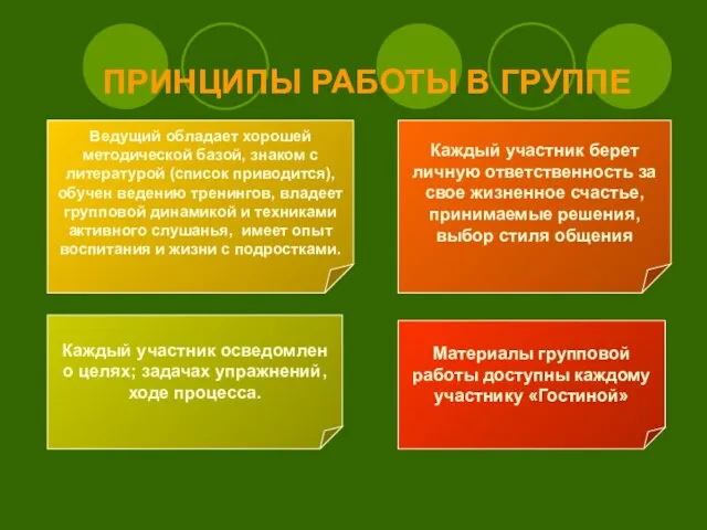 ПРИНЦИПЫ РАБОТЫ В ГРУППЕ Ведущий обладает хорошей методической базой, знаком с литературой