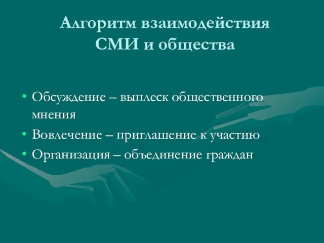 Алгоритм взаимодействия СМИ и общества Обсуждение – выплеск общественного мнения Вовлечение –