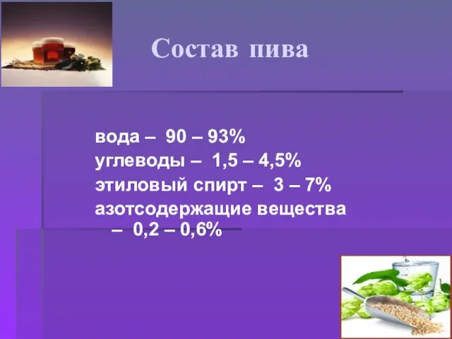 Состав пива вода – 90 – 93% углеводы – 1,5 – 4,5%