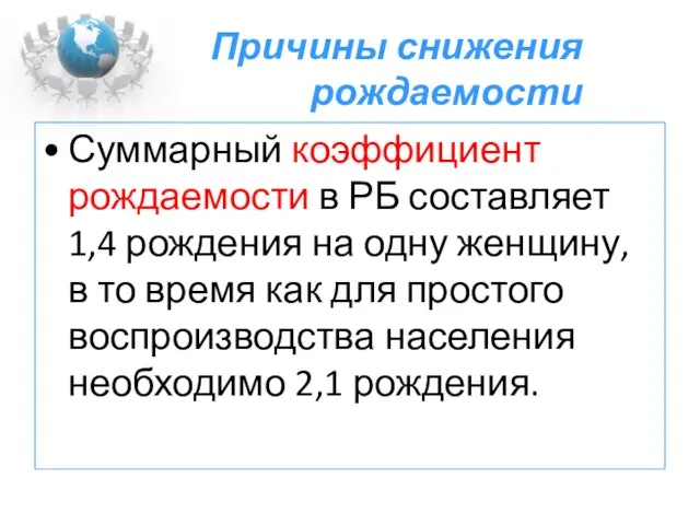 Причины снижения рождаемости Суммарный коэффициент рождаемости в РБ составляет 1,4 рождения на