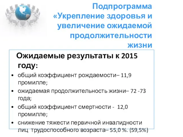 Подпрограмма «Укрепление здоровья и увеличение ожидаемой продолжительности жизни Ожидаемые результаты к 2015